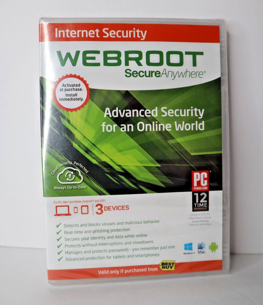Webroot Secure Anywhere PC/Mac/Mobile Android & iOS-3 Devices Internet Security