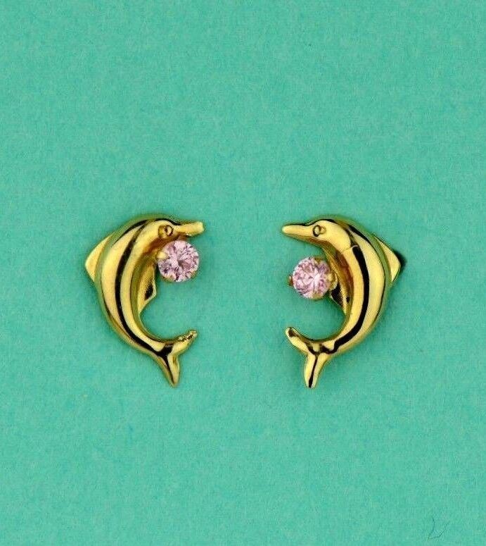 14k yellow gold dolphin earrings stud cz