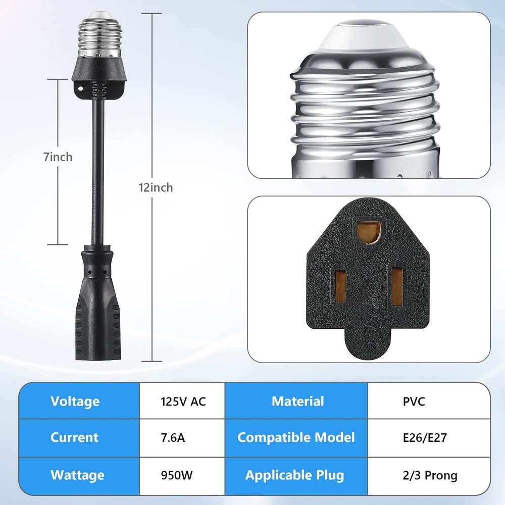 Light Socket to Plug Adapter 8.46 Inch Light Bulb E26/E27 Outlet Socket to 3 ...