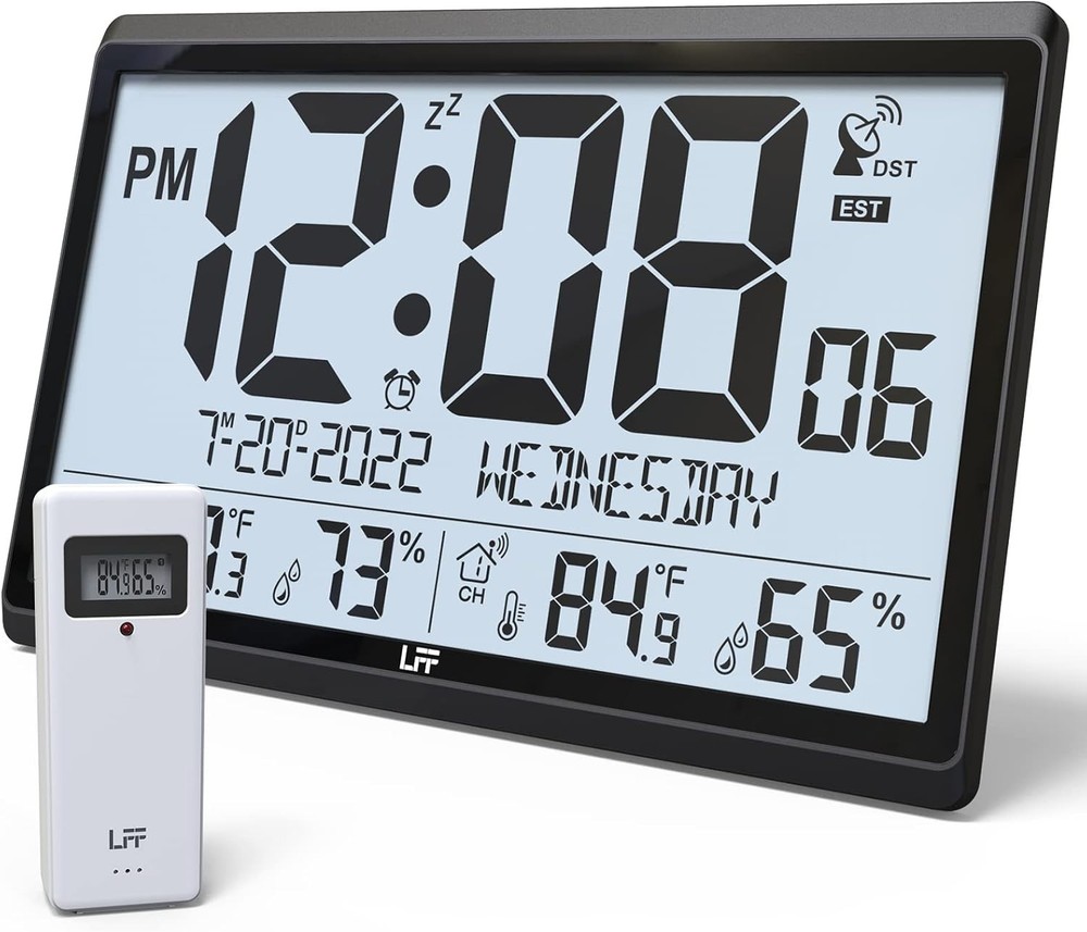 Atomic Wall Clock, 15" Large Display, Temp/Humidity, Wireless Sensor, Easy Read