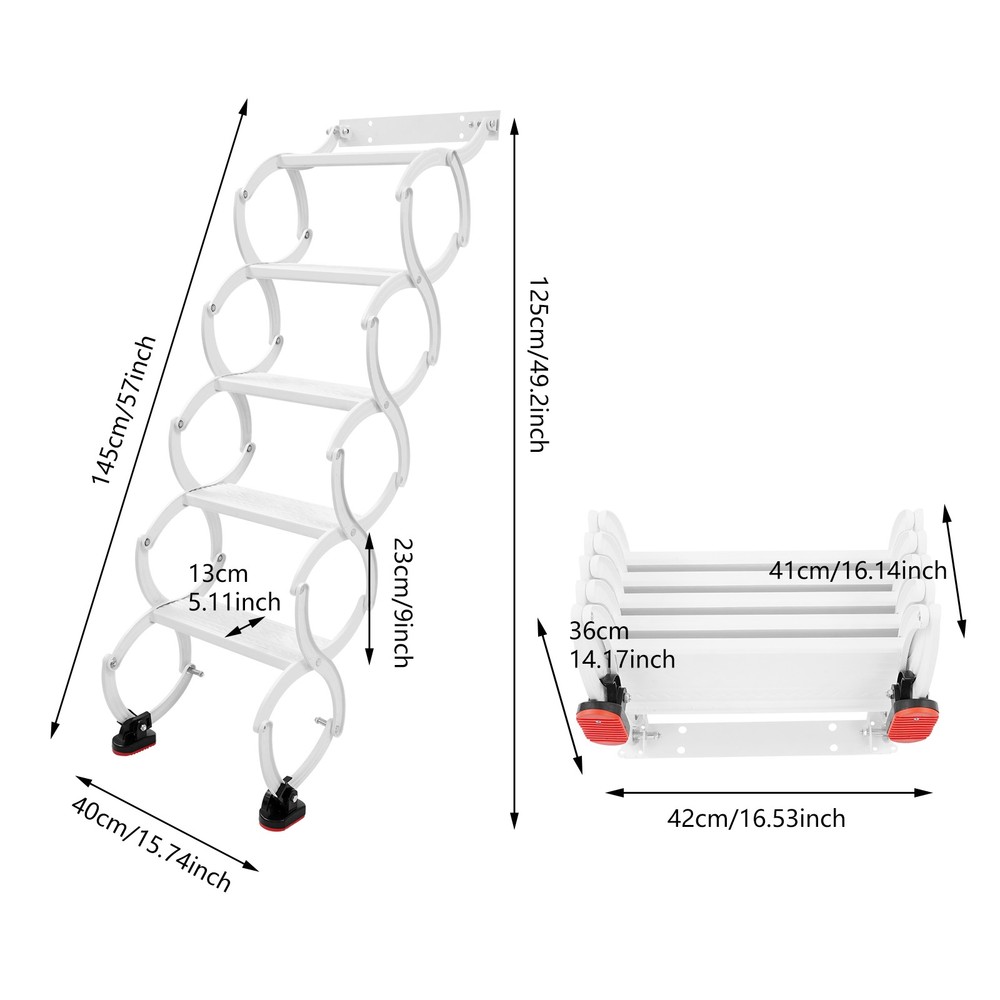 5-Step Wall Mounted Folding Ladder, White Retractable Telescoping Step Stairs