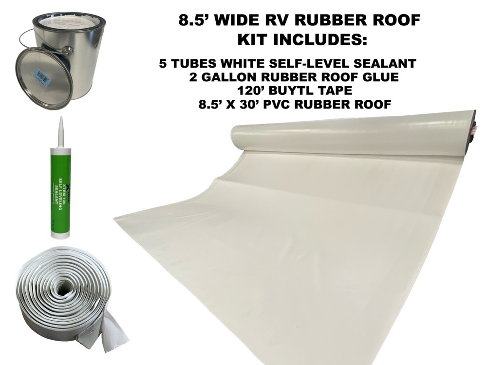 8.5' Width x 30' Length PVC RV Rubber Roof Installation Kit Bright White