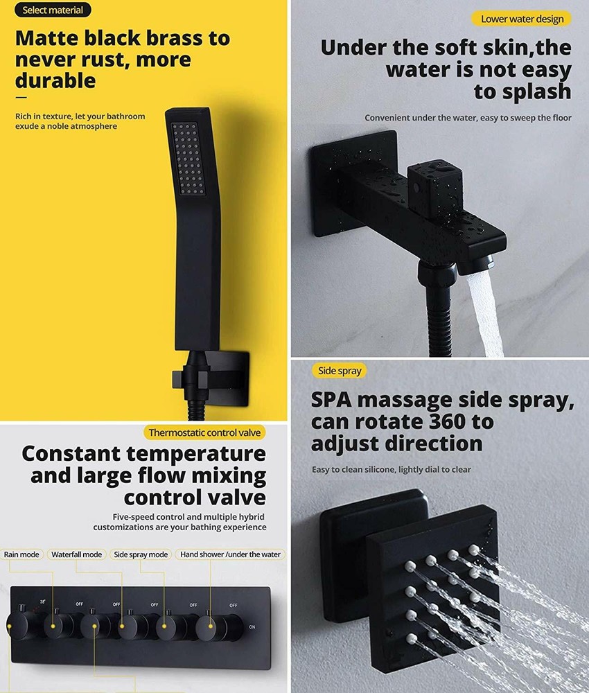 23"x31" Ceiling 6 Function Led Rain Shower System Stainless Steel Matt Black