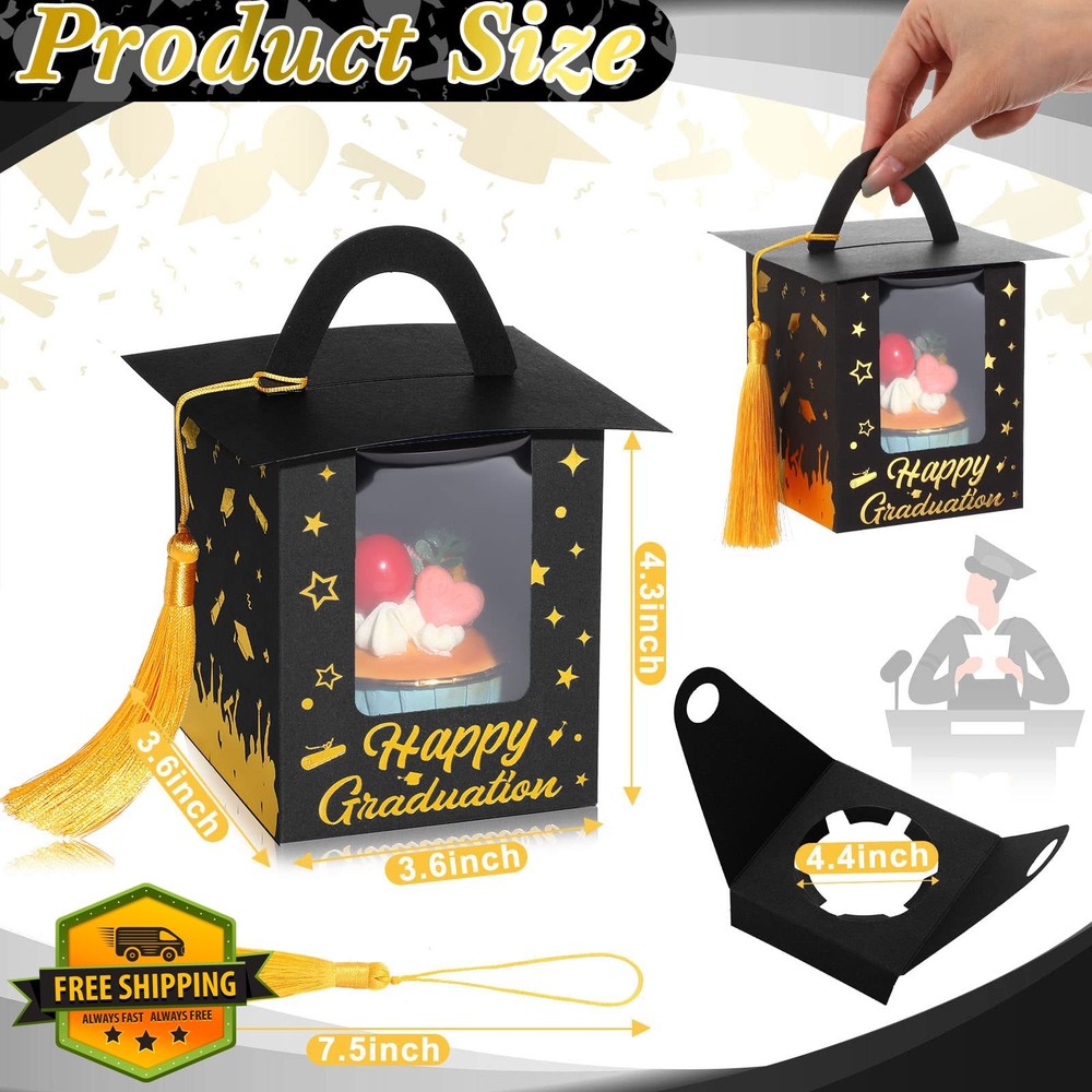 30pc Grad Cupcake Boxes, Candy Container with Window and Tassel, Black