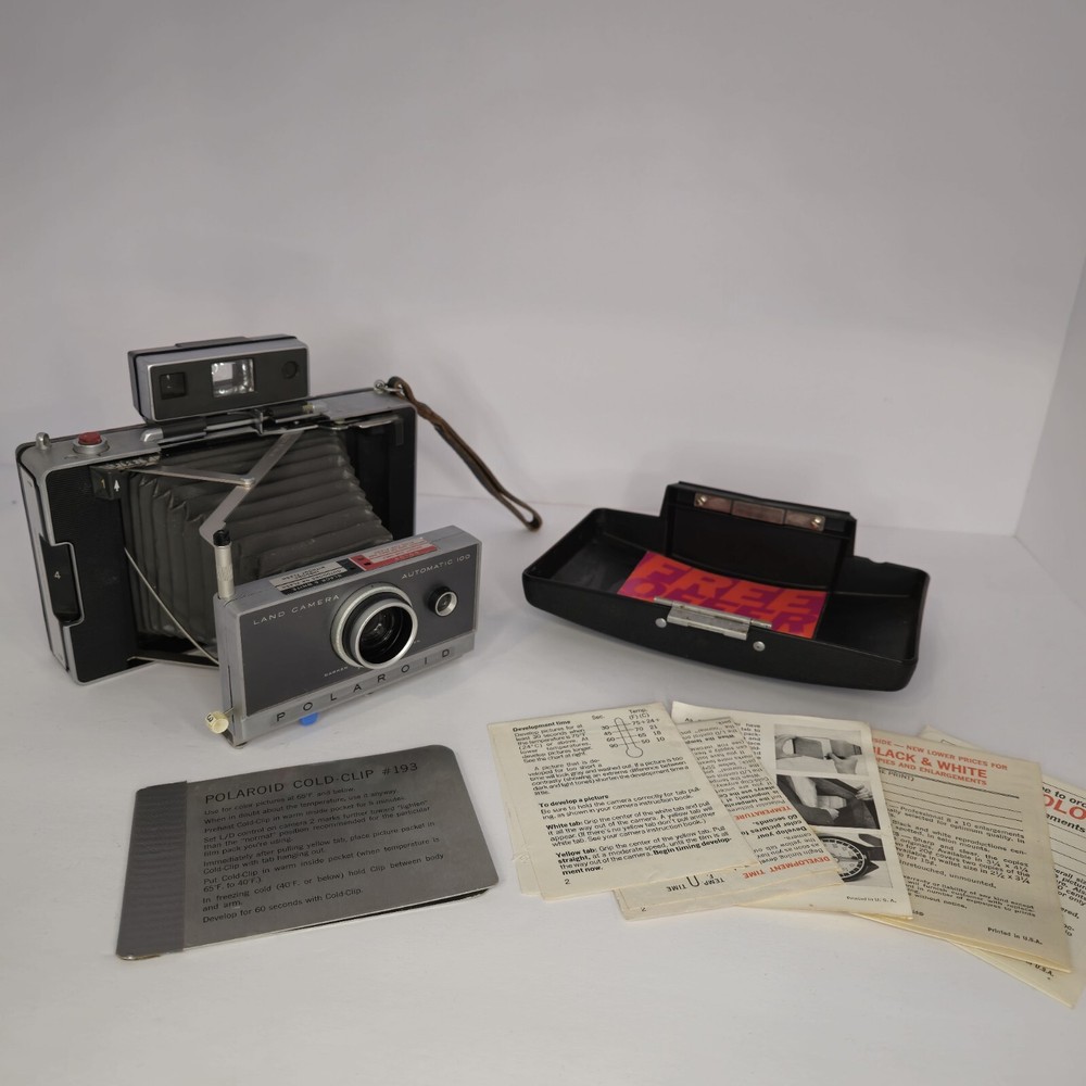Vintage Polaroid Automatic 100 Land Camera w/ Case, info, & Cold Clip Not Tested