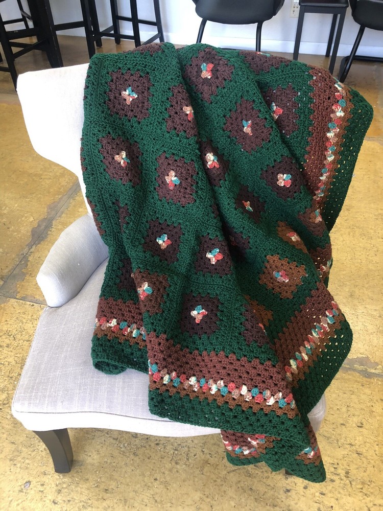 Crochet Granny Square Green Brown  Afghan Throw Blanket