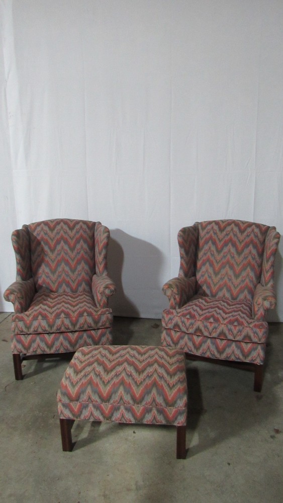 Pair Key City Wingback Chairs Ottoman Designer