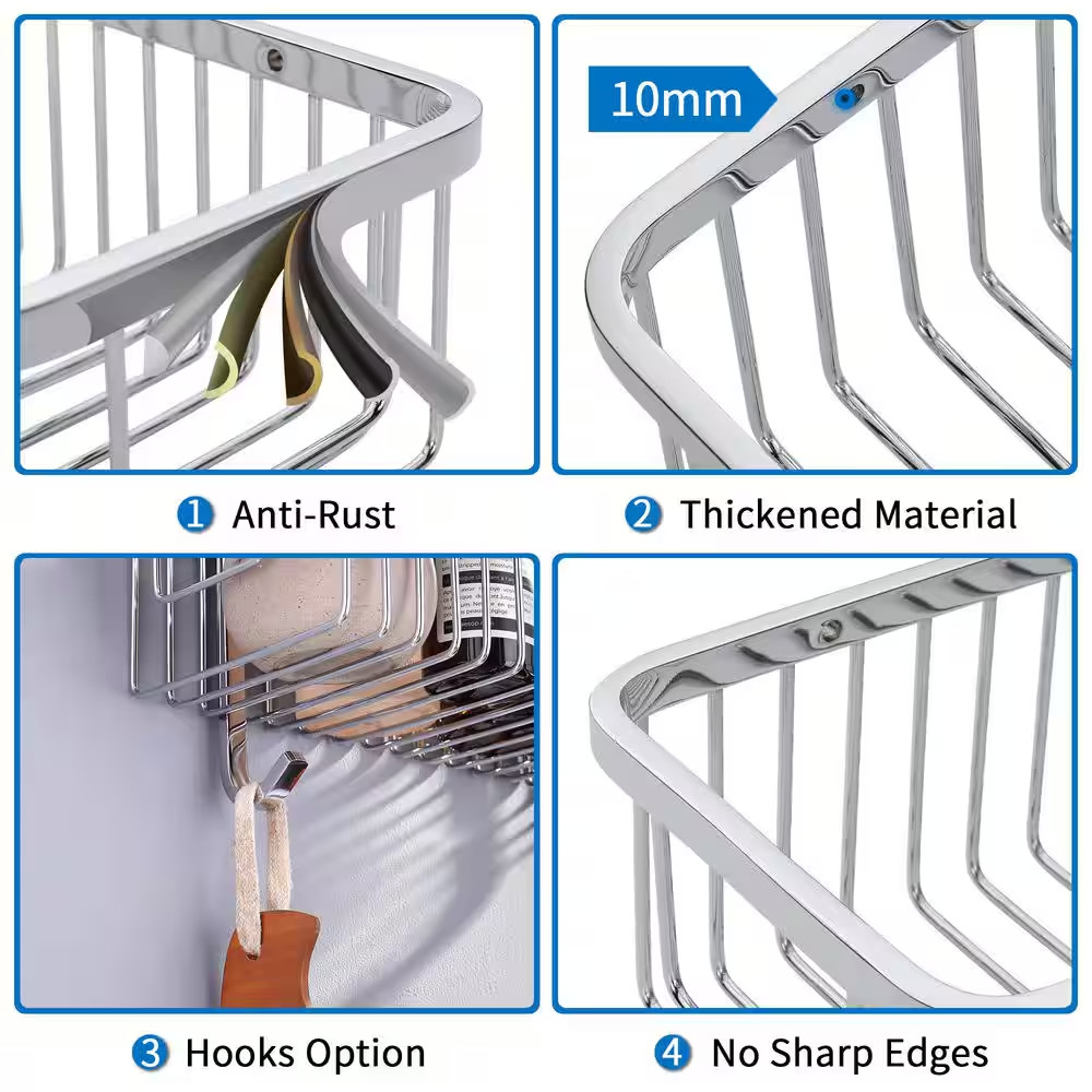 2 Pack Wall Mounted Rectangle Shower Caddy Shower Basket with 2 Detachable Hooks