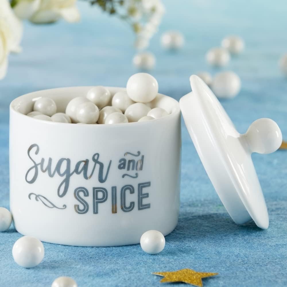 Ceramic Sugar Container/Bowl, Spice and Everything Nice, White with Silver Fo...