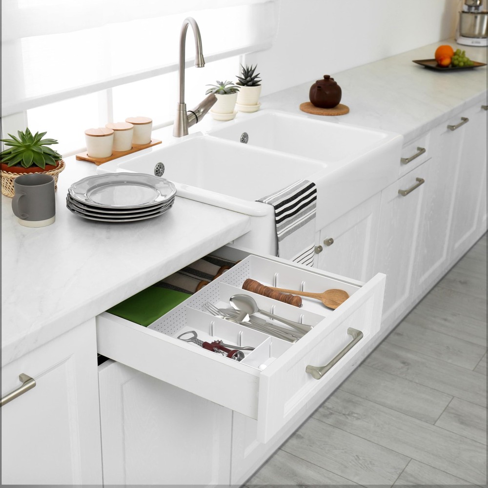 Drawer Organizer Tray with 9 Adjustable Compartments, White