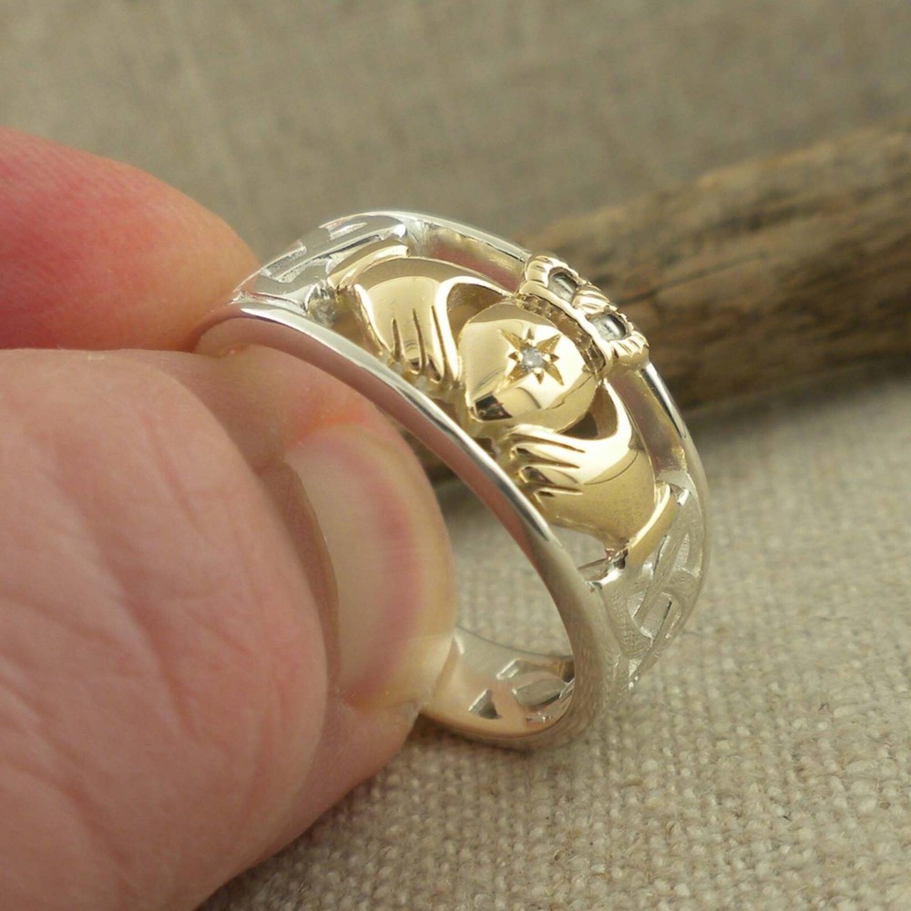 Size 9.5 Sterling Silver & 10K Gold Celtic Claddagh Ring KEITH JACK Gift Boxed