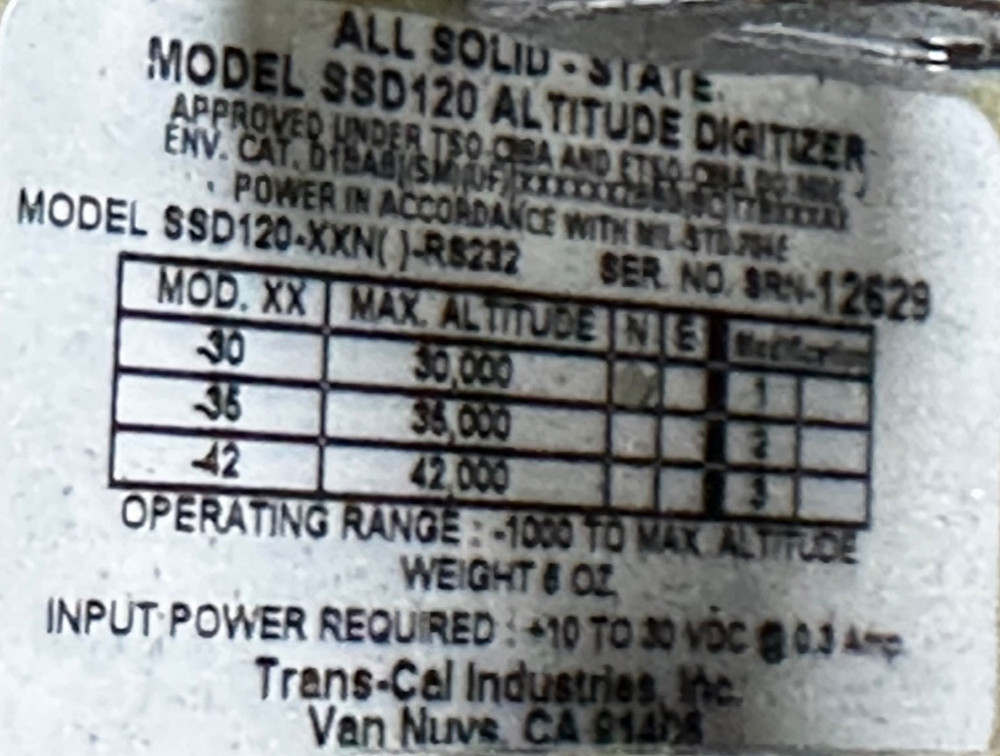 Trans Cal SSD120-30N RS232 Altitude Encoder with Connectors - Working as Removed