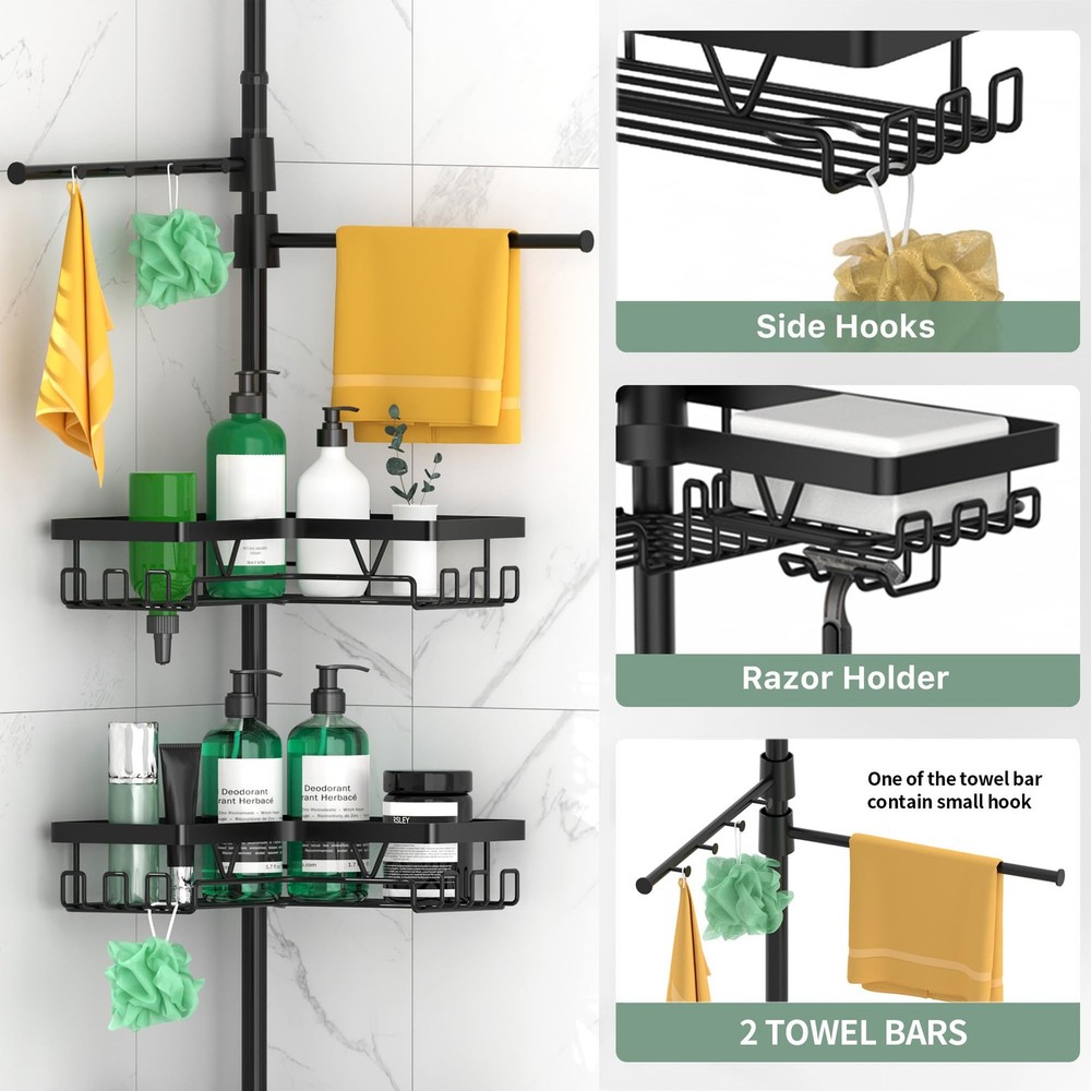 DAOYA Tension Pole Corner Shower Caddy - 4 Baskets & 2 Towel Bars - Black Stainl