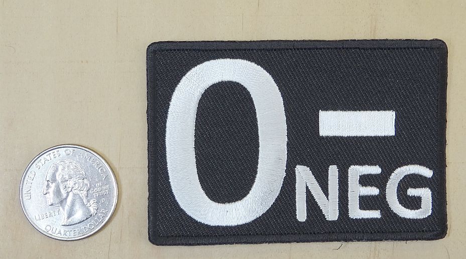 O- NEGATIVE BLOOD TYPE IRON-ON SEW-ON EMBROIDERED PATCH 3 " x 2 "