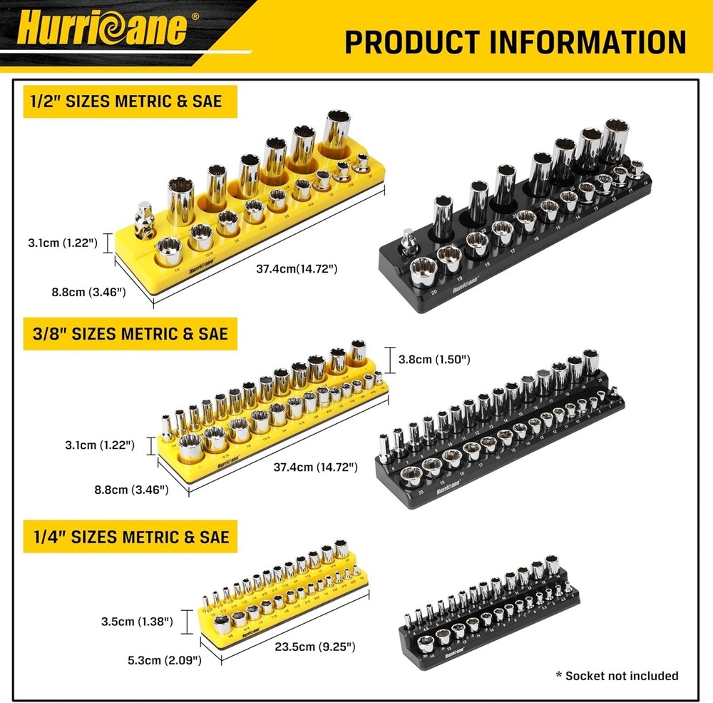 Magnetic Socket Organizer Set 6 Pcs Socket Holder Set Includes 1/4", 3/8", 1/2"