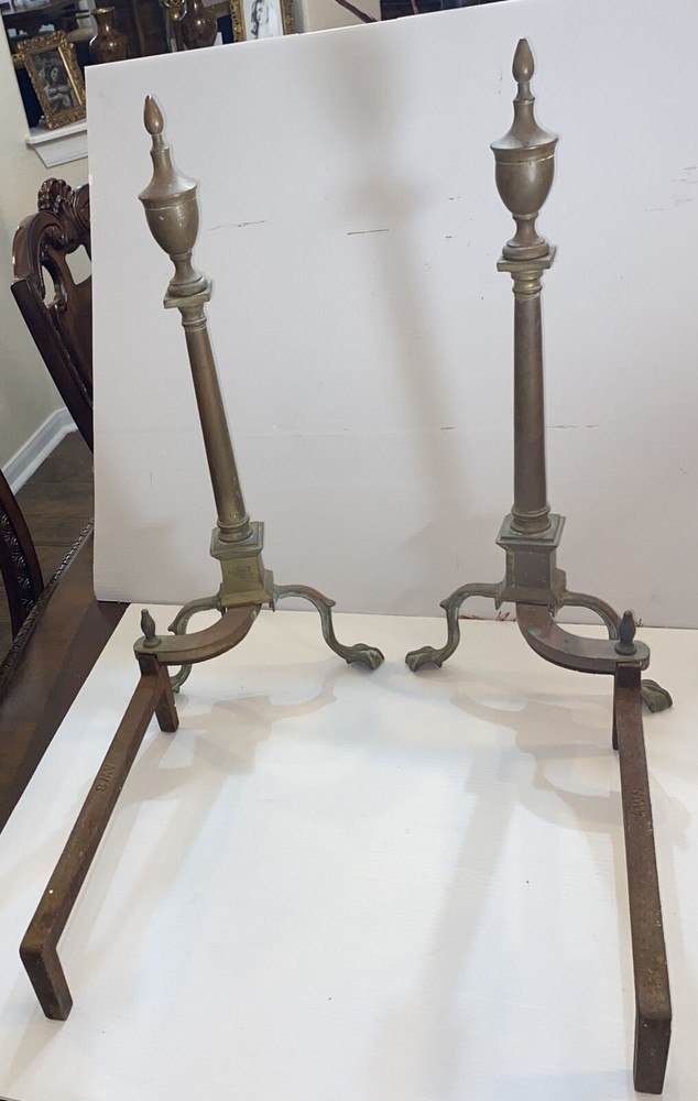 Federal Style Andirons For Fireplace Solid Brass & Cast Iron 25” H