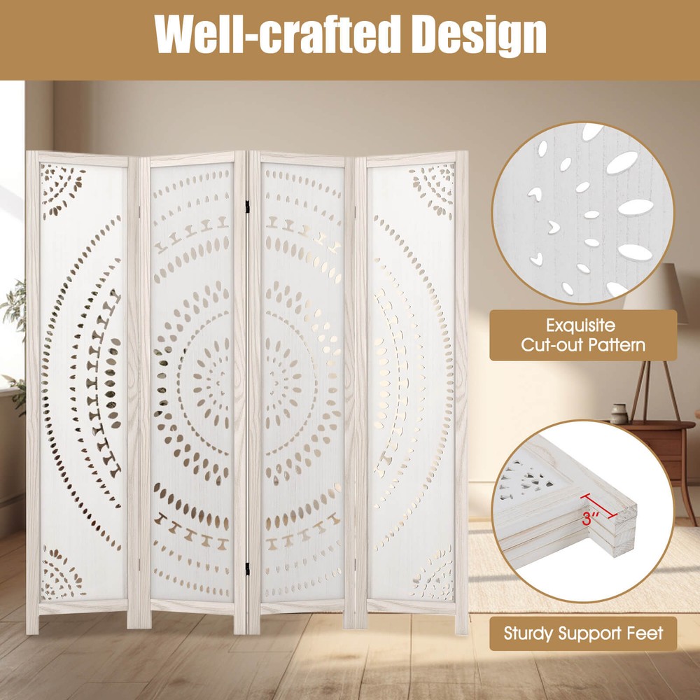 66" Boho 4-Panel Room Divider w/ Carved Pattern & Solid Wood Frame 360° Hinges