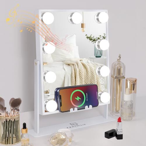 White Hollywood Vanity Mirror with Lights 9 Dimmable Bulbs A-white-bluetooth