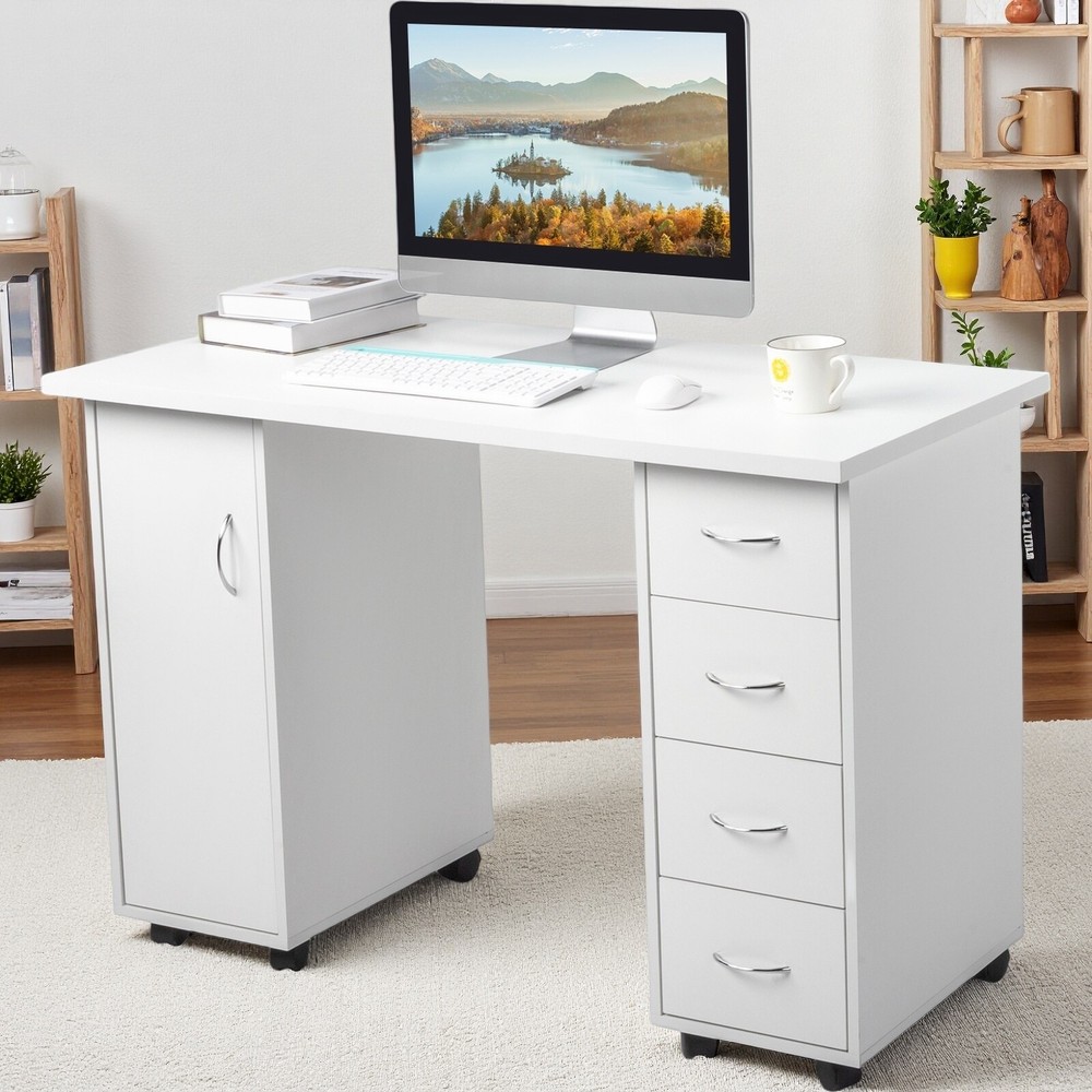 Rolling Computer Desk - White, 4-Drawer, 2 Shelves Storage & MDF ​Nail Table​