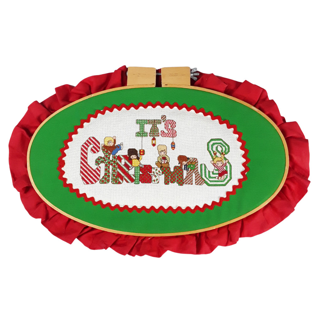 Finished Cross Stitch It's Christmas 10x15 Loop Ruffle Trim