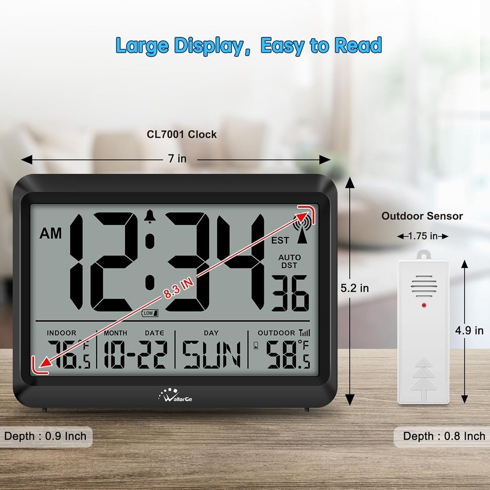 Modern Atomic Wall Clock - Self-Setting, Indoor Outdoor Temp