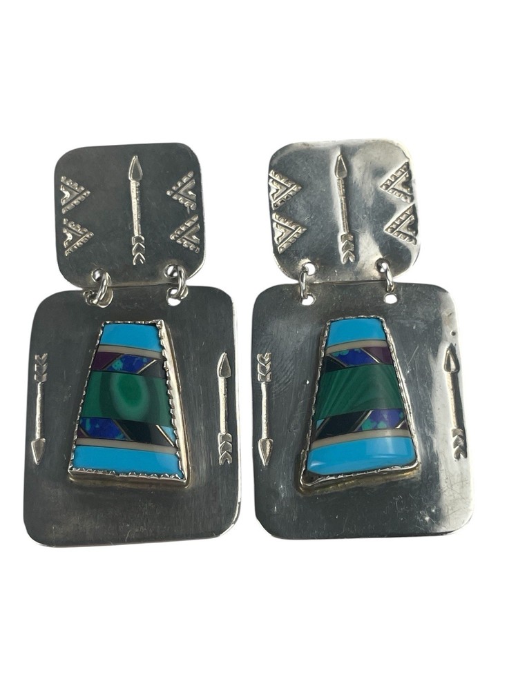 Native American Sterlin Silver Earrings Multi Color Turquoise Arrow Square