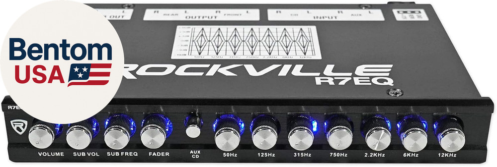 R7EQ 1/2 Din 7 Band Car Audio Equalizer, Front/Rear/Sub Outputs, Blue LED Knobs,