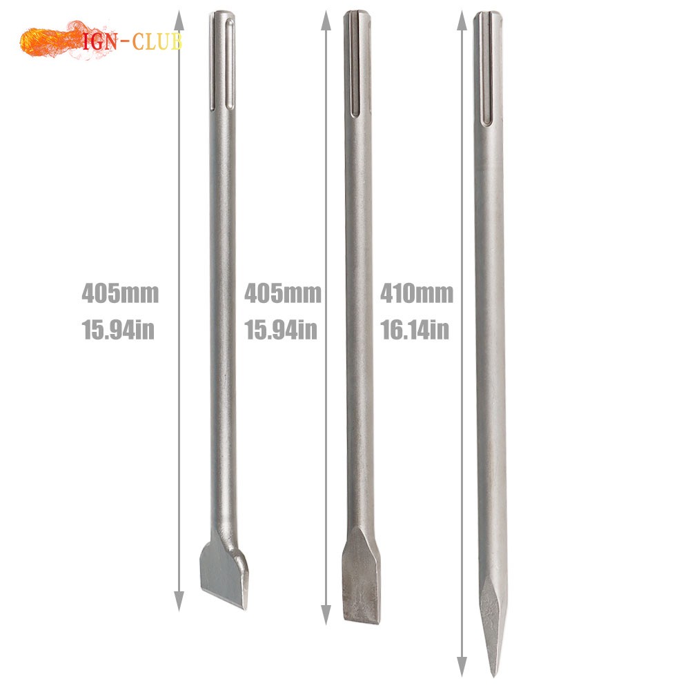3 Pcs High Quality 16" SDS Max Bits Long-Point Chisel Scaling Chisel Flat Chisel