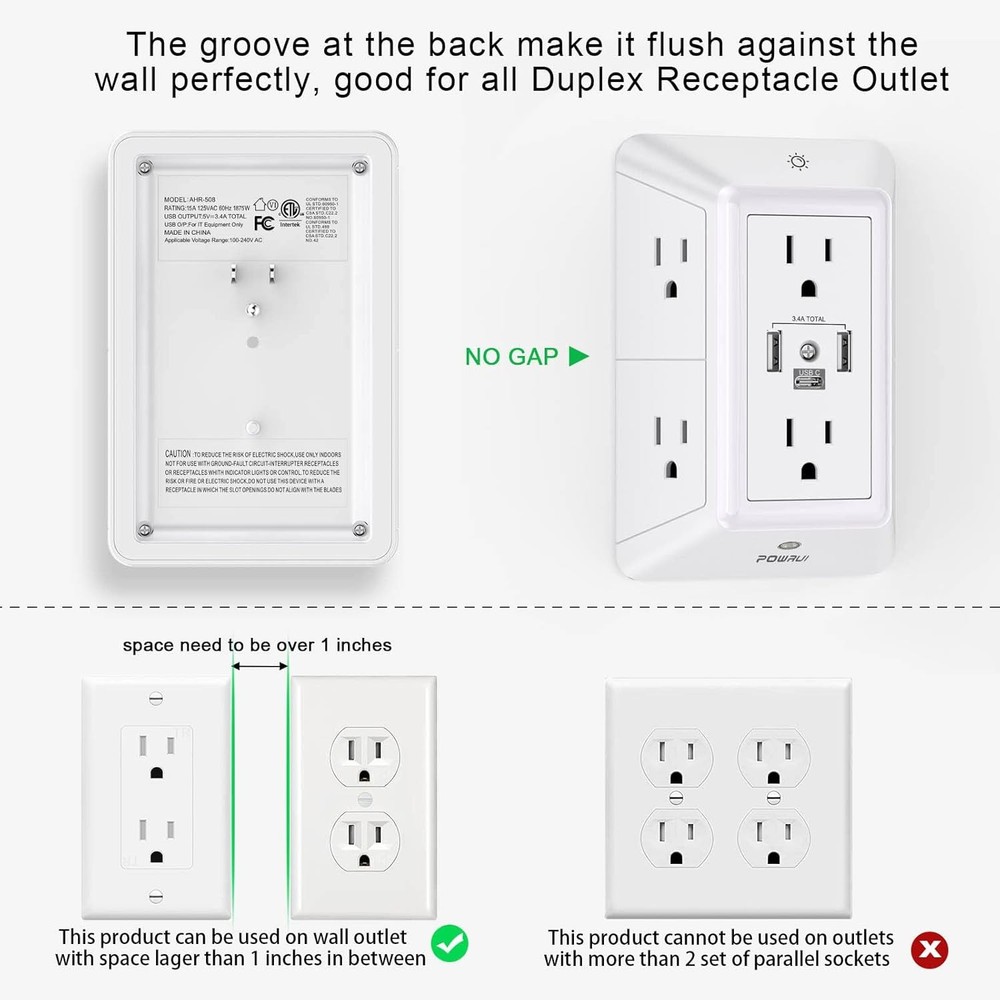 Multi Plug 6 Outlet Surge Protector Extender with 3 USB Ports (1 USB C)