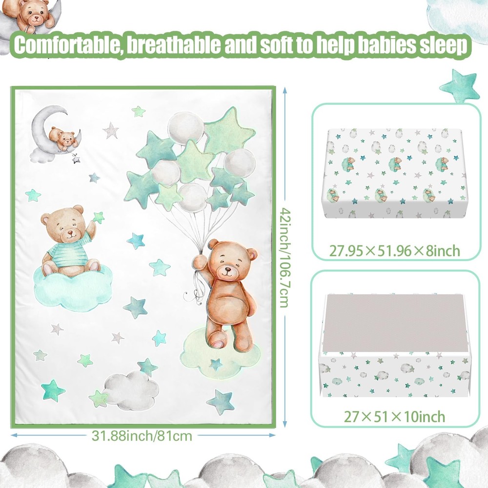 3 Pcs Crib Bedding Set for Boys Include Cloud Balloon Bear Theme Crib Sheets,...