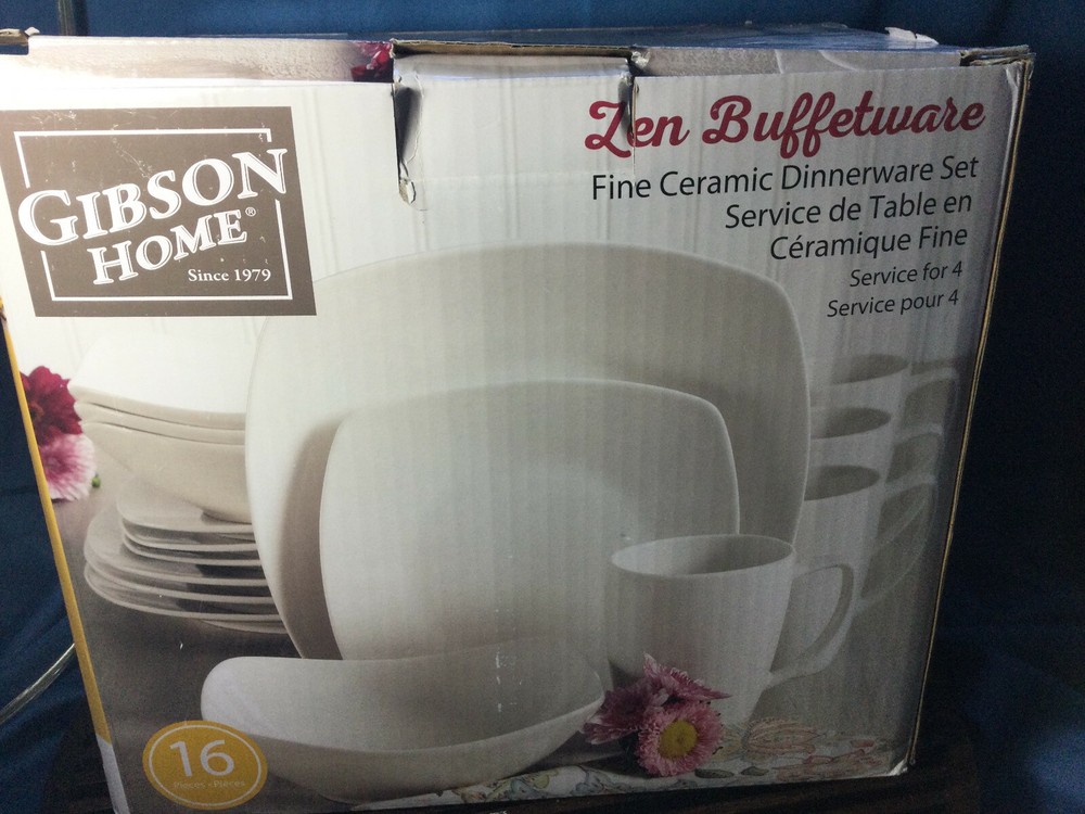 SERVICE FOR 3+ GIBSON WHITE Zen Buffetware 16 Piece -14pcs SQUARE