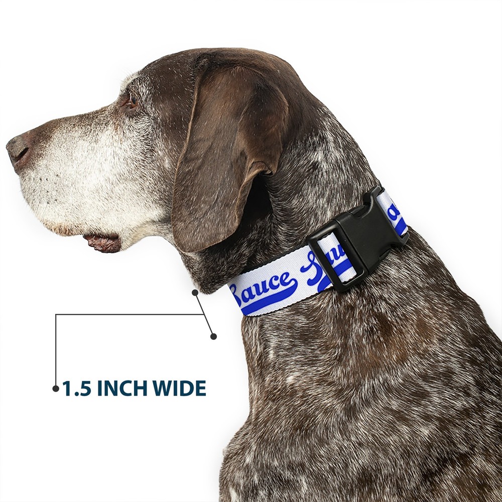 Plastic Clip Collar SAUCE Baseball Script White/Blue Medium 11-16.5"