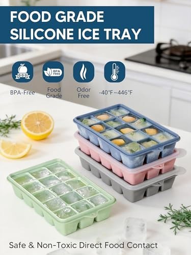 4 Pack Silicone Ice Cube Trays with Lids, Easy Release Stackable Molds for Cockt