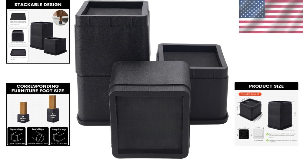 3 Inch Black Bed Risers - Heavy Duty Stackable Elevators for Under-Bed Storage