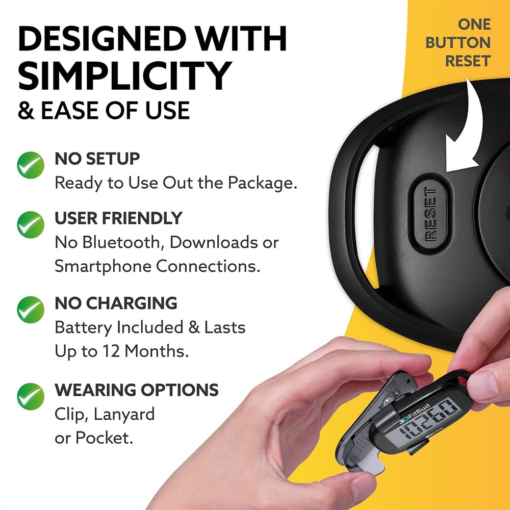 3DFitBud Simple Step Counter Walking 3D Pedometer with Clip, Lanyard Accurate...