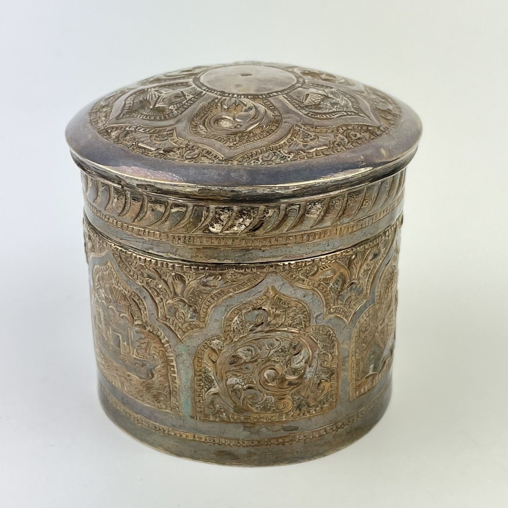 Antique Indian Solid Silver Tested Embossed Lidded Jar / Cannister 7cm X 7cm