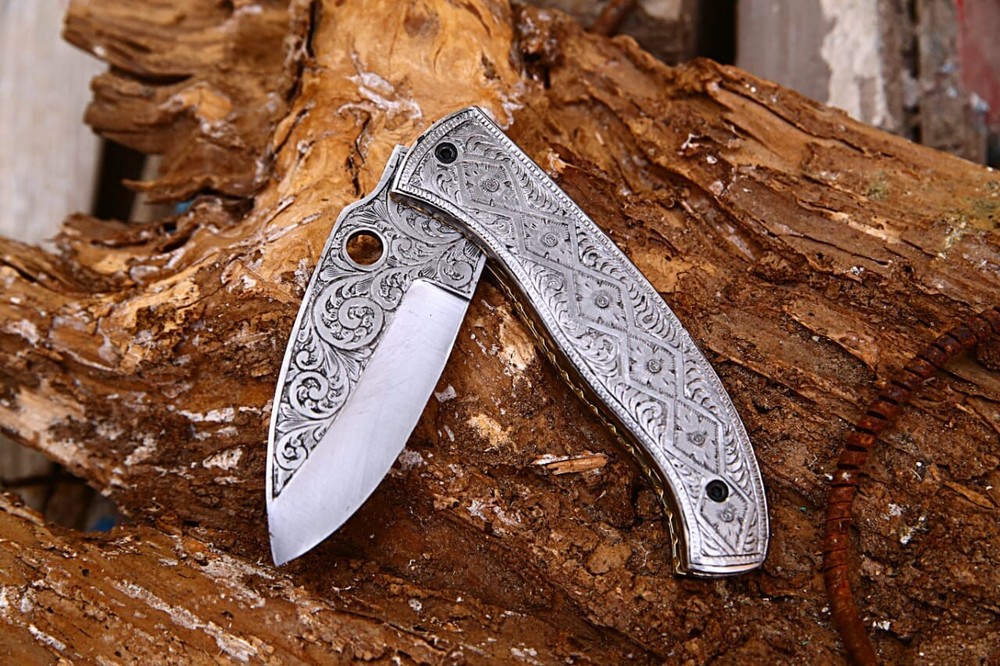 Custom Handmade D2 Steel Engraved Folding knife