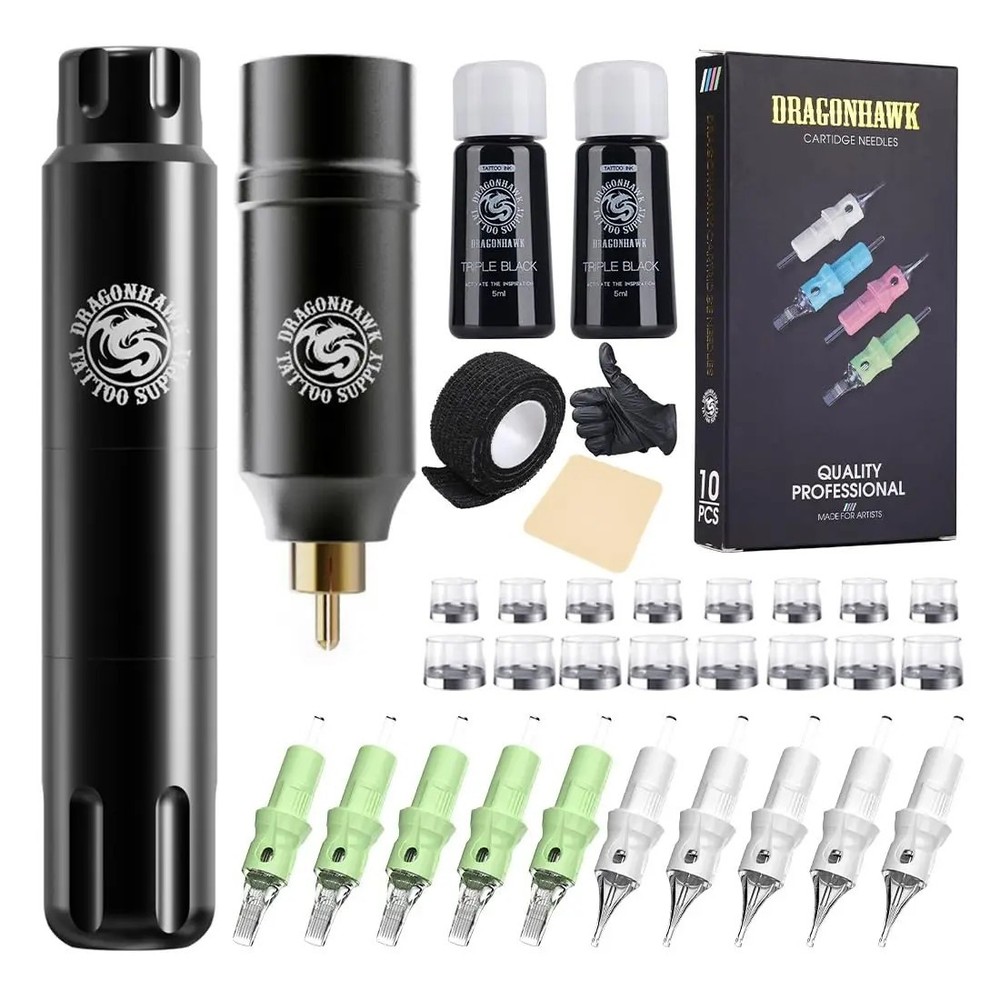 Dragonhawk S12 Wireless Tattoo Kit Advanced Bundle with Needles Ink Cups
