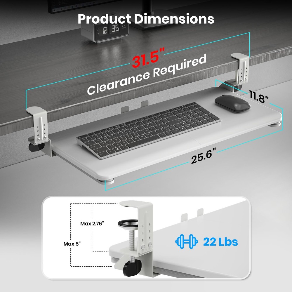 Keyboard Tray Under Desk, Pull Out Keyboard & Mouse Tray with Adjustable C-cl...