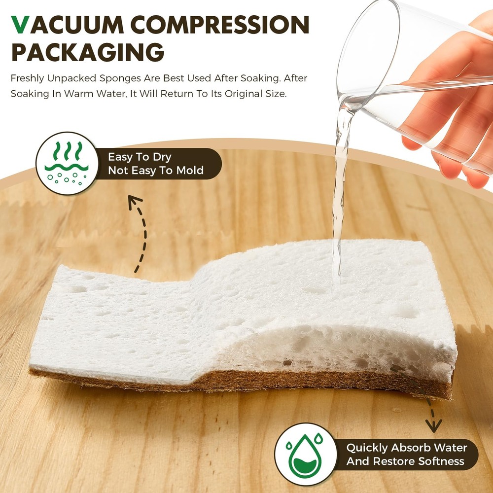 12 Pack Natural Biodegradable Kitchen Non Scratch Sponges,Compostable Plant B...