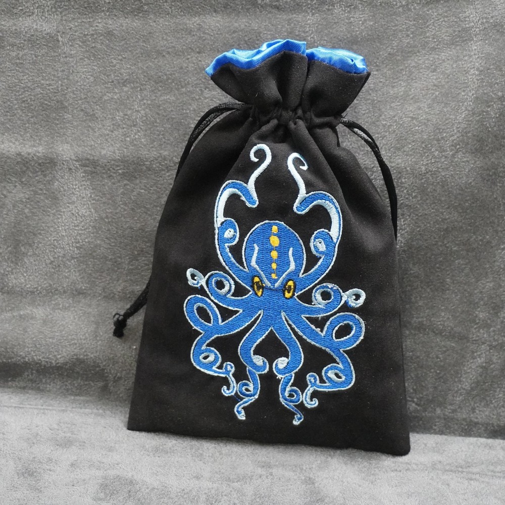 Octopus Embroidered Drawstring Dice Bag Blue Lined RPG Accessory Storage Pouch