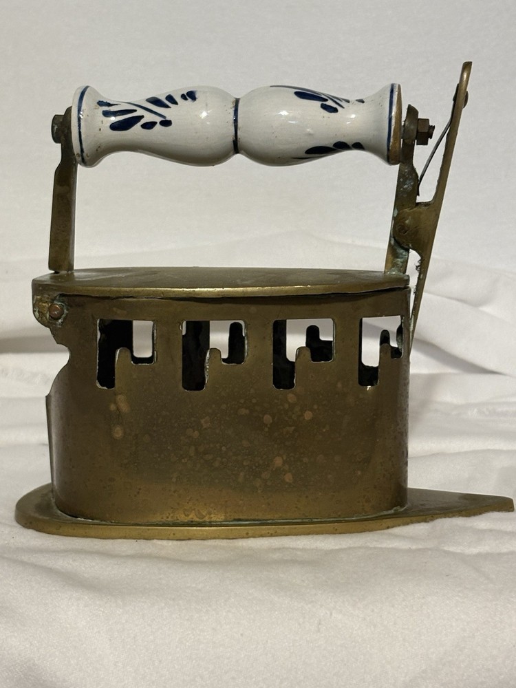 Antique Solid Brass Coal Iron Pottery Handle Dutch Delft White And Blue Handle