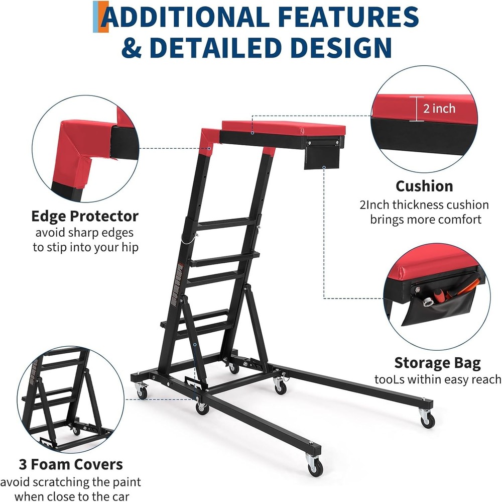 Adjustable Garage Creeper with Lockable Wheels, Tool Pouch & Ergonomic Design