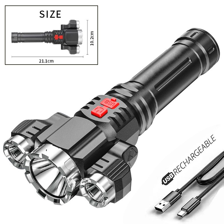 Super Bright 3 Head LED Flashlight Rechargeable Tactical Flashlights Work Light