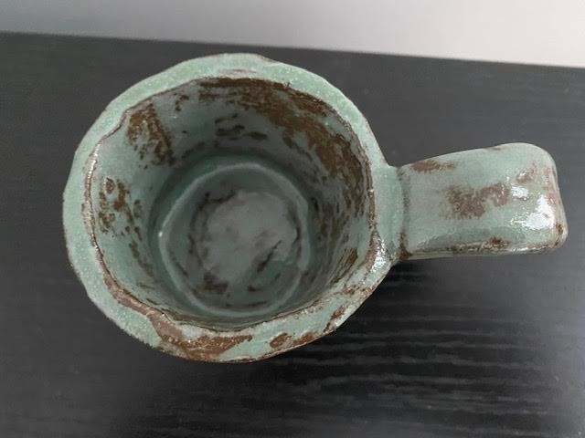 Pottery Handmade Candle Holder Handheld with Handle Rustic Blue Brown Small