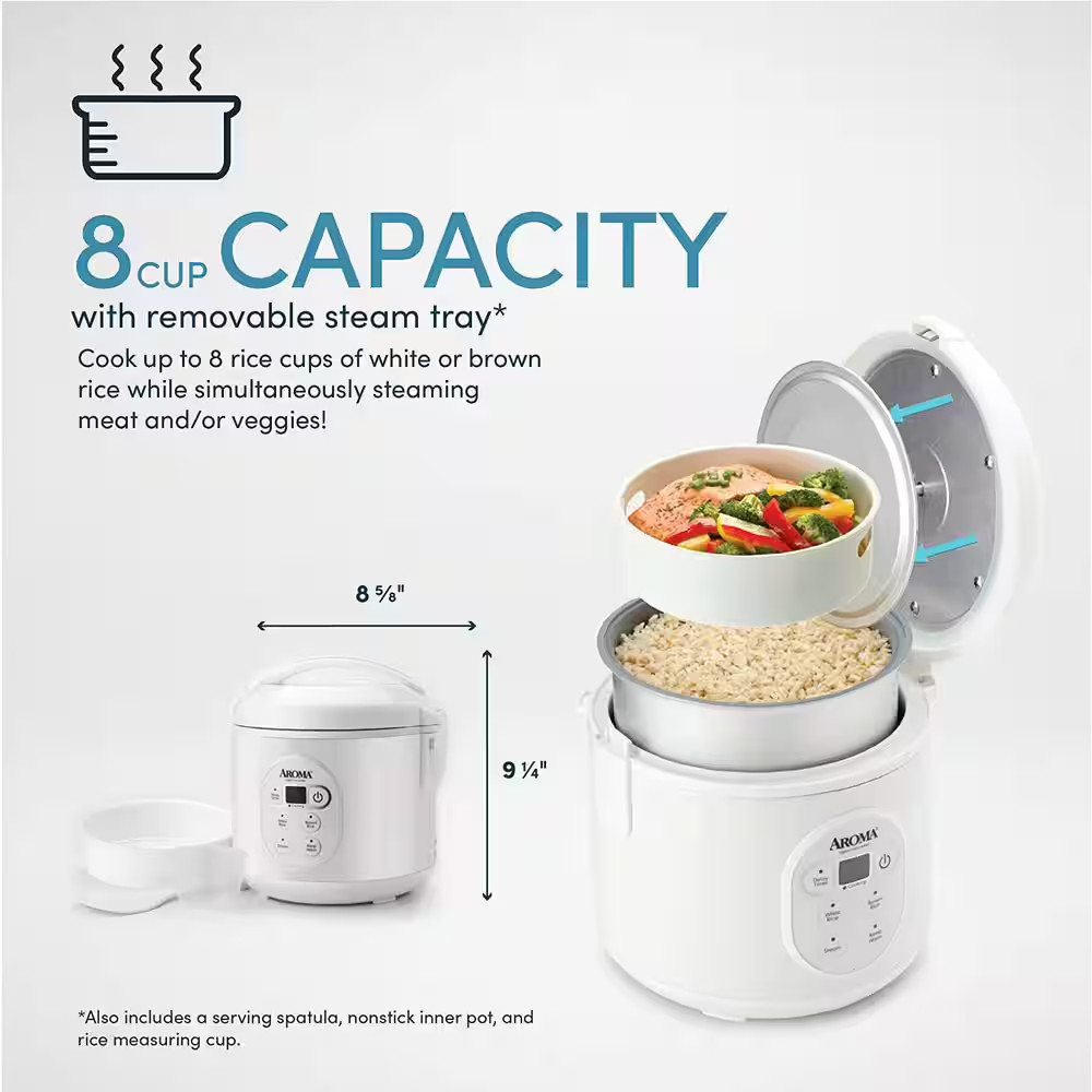8-Cup White Digital Rice Cooker in Black Control Panel