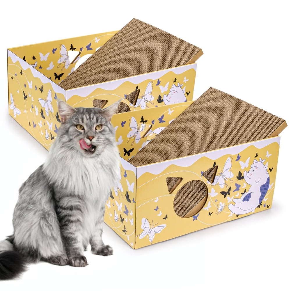 2 Pack Cardboard Cat Scratcher Box, Butterfly Pattern Cat Hideaway House with...