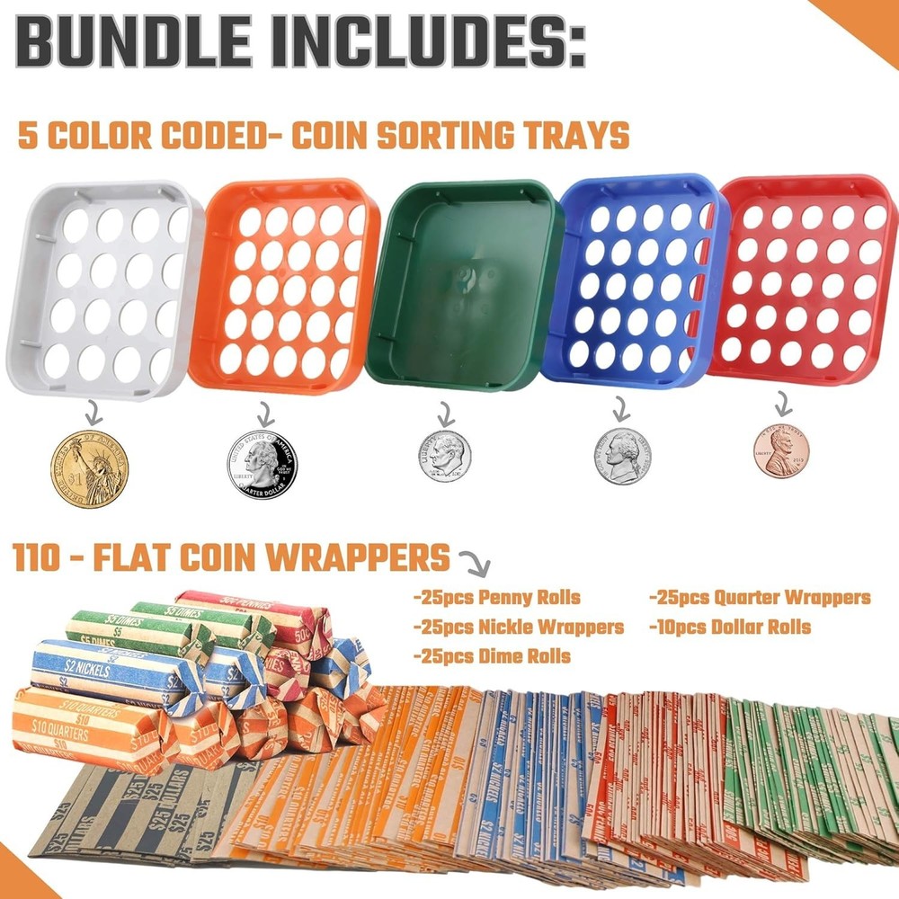 Durable 5-Tray Coin Sorting System with 110 Wrappers for Seamless Organization