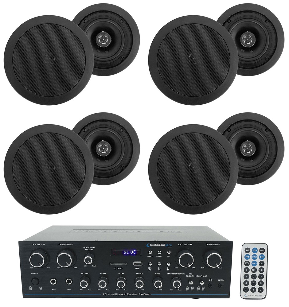 Technical Pro RX4CH Bluetooth Home Receiver Amp+(8) 5.25" Black Ceiling Speakers