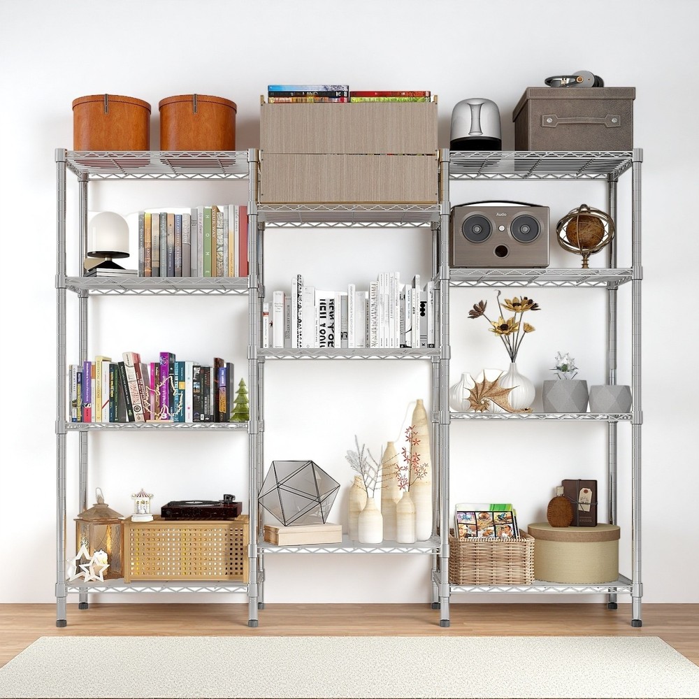 4-Tier Wire Shelving Unit - 3-Column, Heavy Duty, Adjustable, Silver & Modular